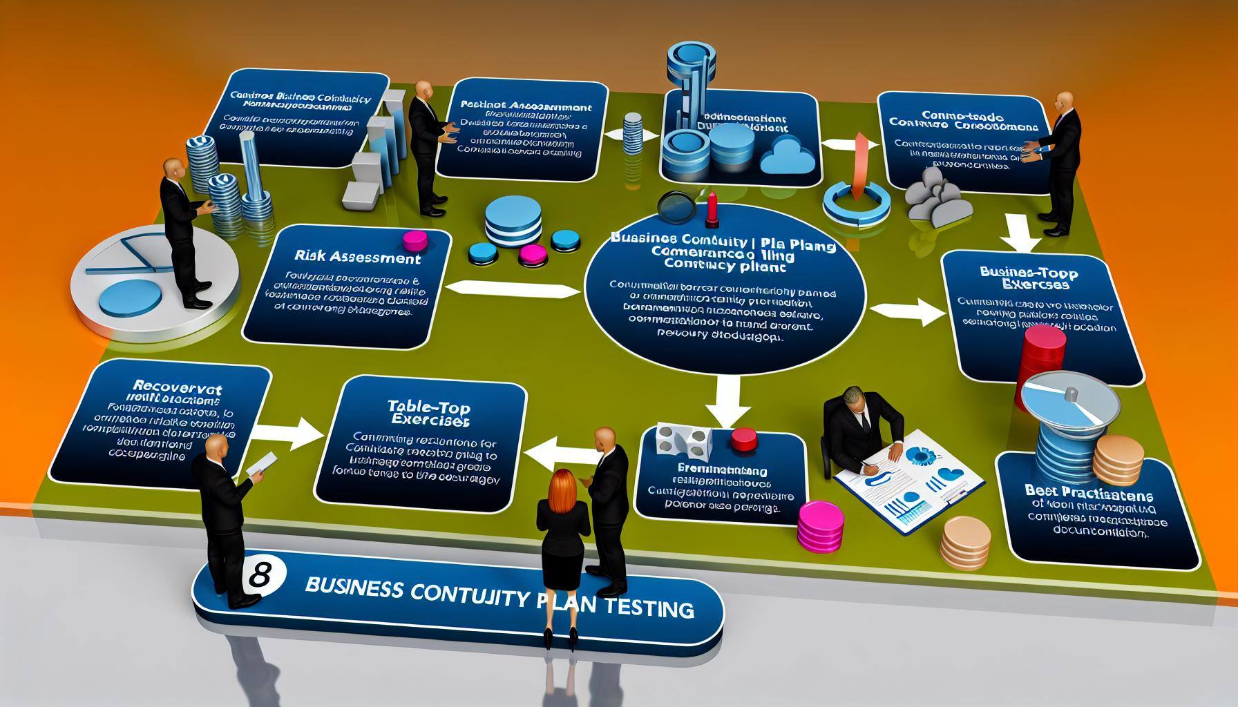 An AI image of a detailed guide on Business Continuity Plan Testing with steps, methods, and best practices outlined-1